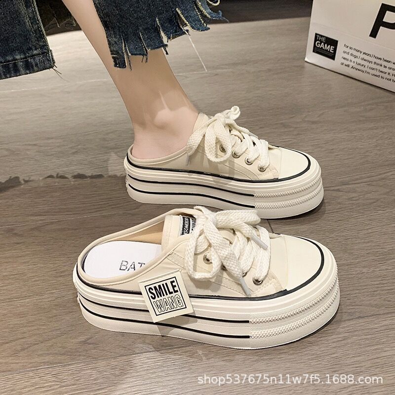Giày sục thể thao nữ tem vuông dáng basic mới  giày canvas vải kaki mềm mịn đế cao 5cm