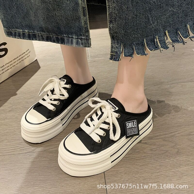 Giày sục thể thao nữ tem vuông dáng basic mới  giày canvas vải kaki mềm mịn đế cao 5cm