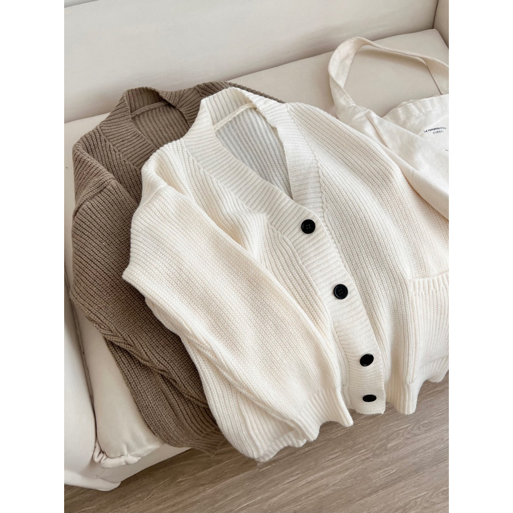 Áo len cardigan trơn dáng rộng, Áo cardigan nữ dài tay kiểu trơn màu basic