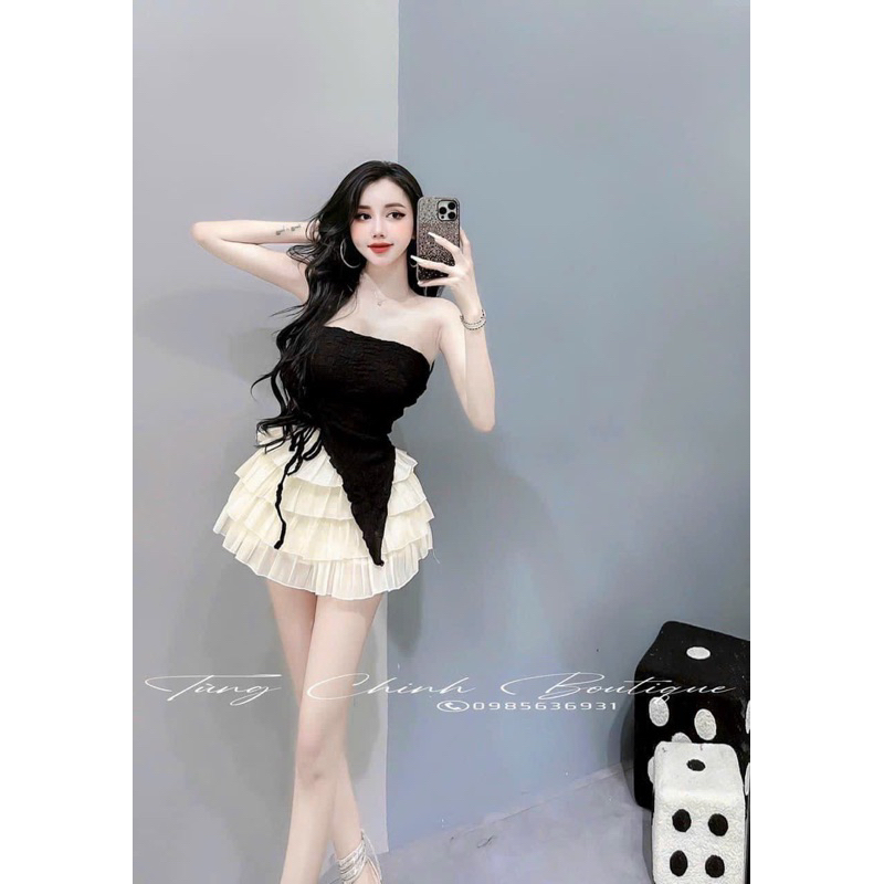 Set Áo Dây Croptop Thun Nhún Tà Xéo Vạt Nhọn RÚT SƯỜN + Quần Short Tơ Tầng Lưng Chun