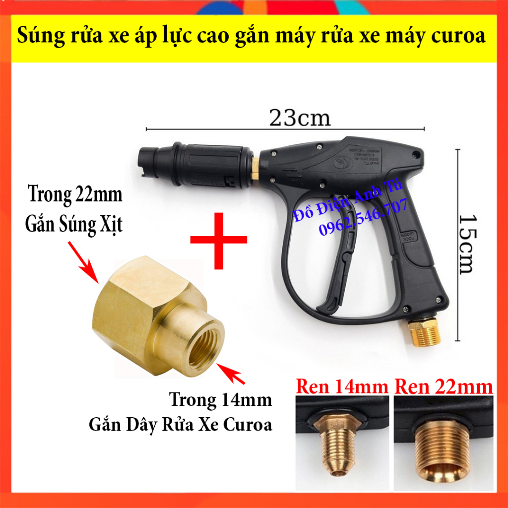 Súng rửa xe áp lực cao ren ngoài 22mm kèm khớp chuyển ren trong 22mm sang trong 14mm gắn dây rửa xe máy curoa
