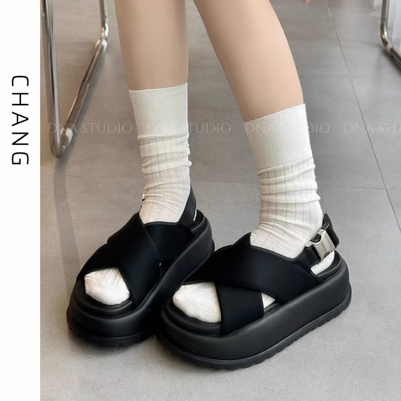 Giày sandal quai da chéo đế bánh mì to cao 5cm phong cách cá tính Ulzzang siêu êm nhẹ dễ phối đồ