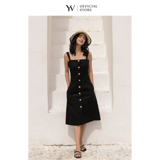 Đầm dây đính nút nữ YV LE & CO vải Linen màu đen đơn giản, tinh tế