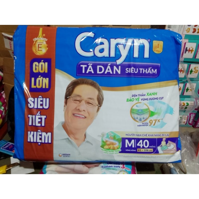 Tã dán caryn M40 miếng (vong hông 61-106cm) siêu thấm gói lớn tiết kiệm