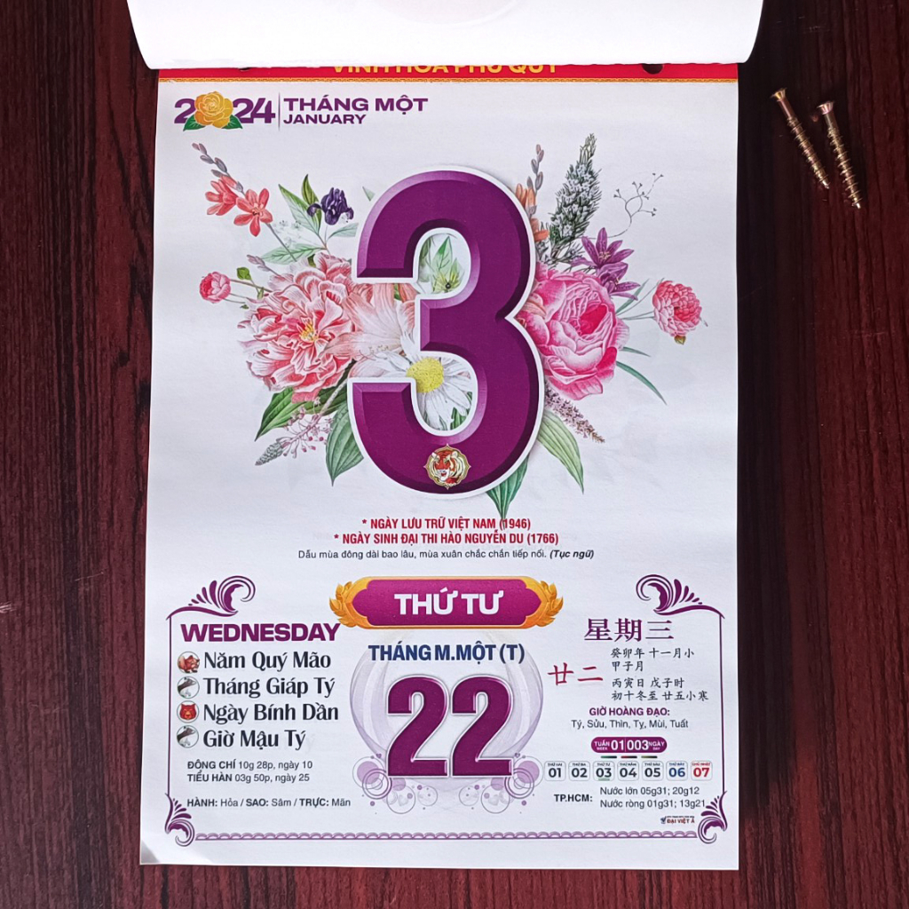 Bloc lịch 2024, kích thước 14.5*20.5cm chủ đề hoa, dùng gắn bìa lịch hoặc thay thế lịch năm cũ, chữ to số lớn