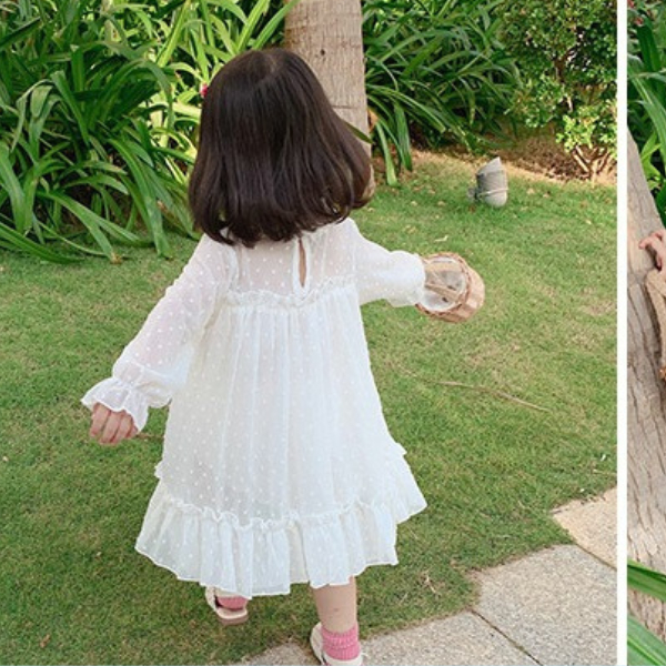 Váy công chúa bé gái siêu xinh thu đông 2023. Đầm trắng xinh dài tay cho bé gái mặc đi chơi đi tiệc đáng yêu - BKKIDS