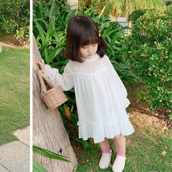 Váy công chúa bé gái siêu xinh thu đông 2023. Đầm trắng xinh dài tay cho bé gái mặc đi chơi đi tiệc đáng yêu - BKKIDS