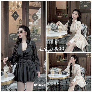 Đầm tơ bèo áo sơ mi chân váy xoè bồng dạo phố siêu xinh
