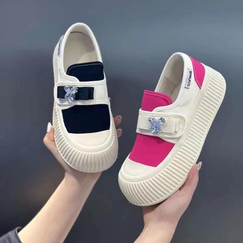 Giày thể thao nữ quai dán đính đá tai thỏ, giày sneaker chất vải canvas đế vân cao 4cm