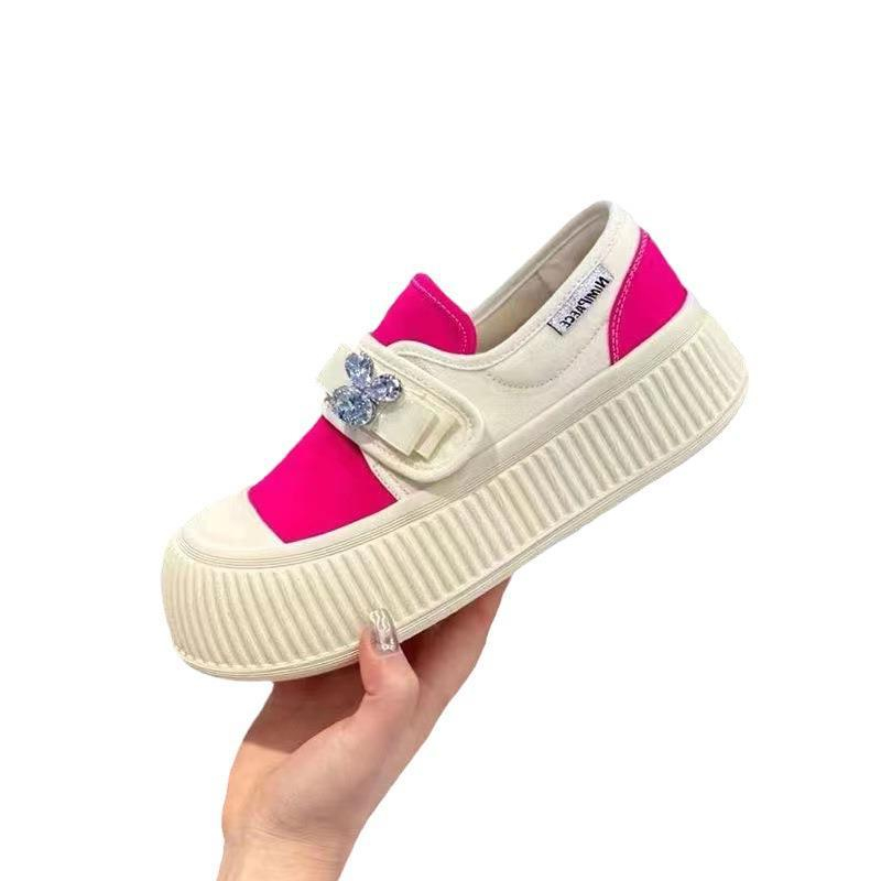 Giày thể thao nữ quai dán đính đá tai thỏ, giày sneaker chất vải canvas đế vân cao 4cm