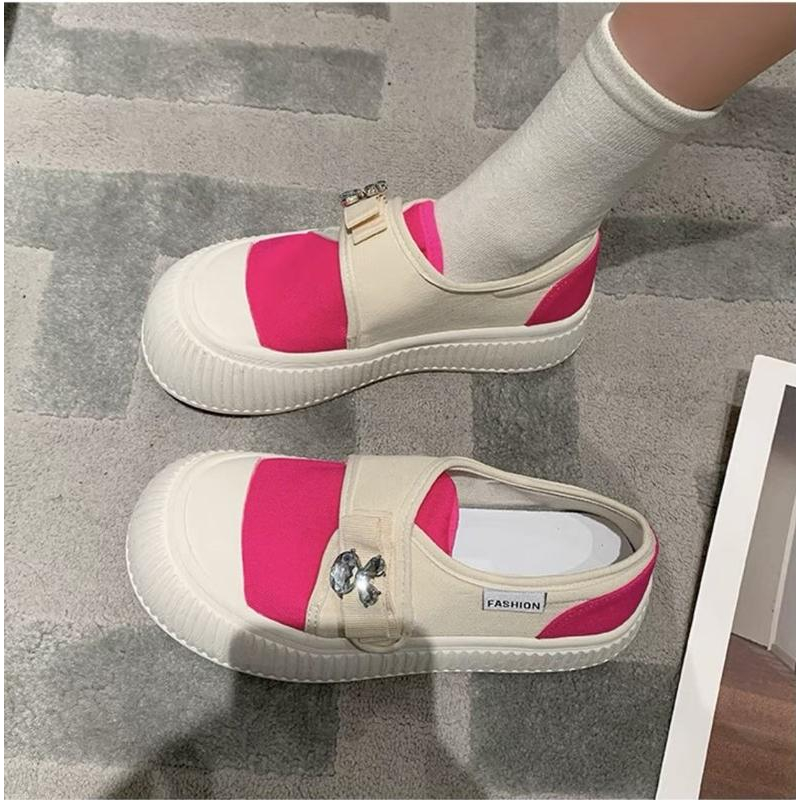 Giày thể thao nữ quai dán đính đá tai thỏ, giày sneaker chất vải canvas đế vân cao 4cm