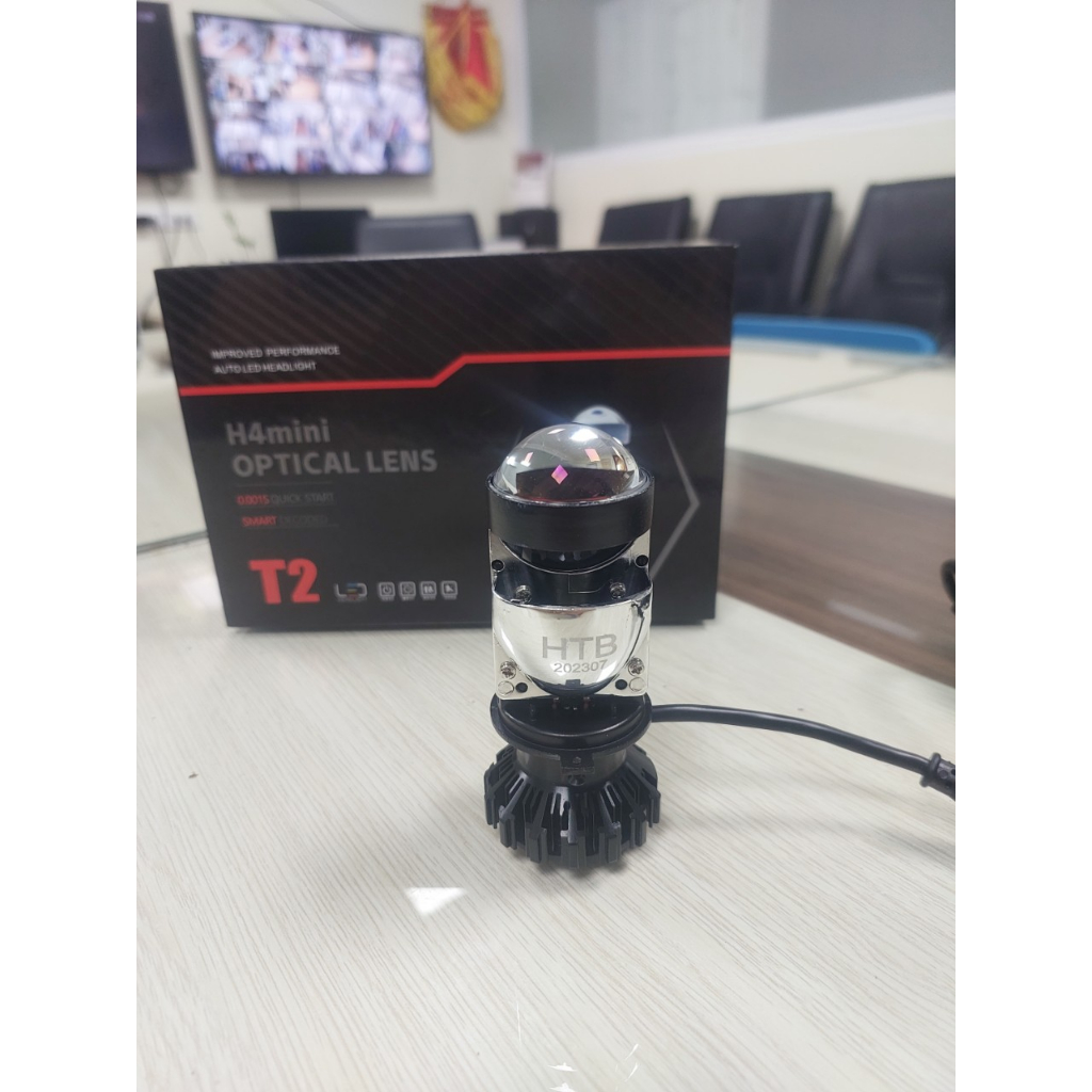 Đèn pha Led bi cầu mini T2 Pro kính tím chân H4 mẫu mới lắp xe máy, ô tô