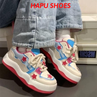 Giày Thể Thao Nữ hình ngôi sao viền đế sóng cao 4cm, giày sneaker chất da mềm dây bản to