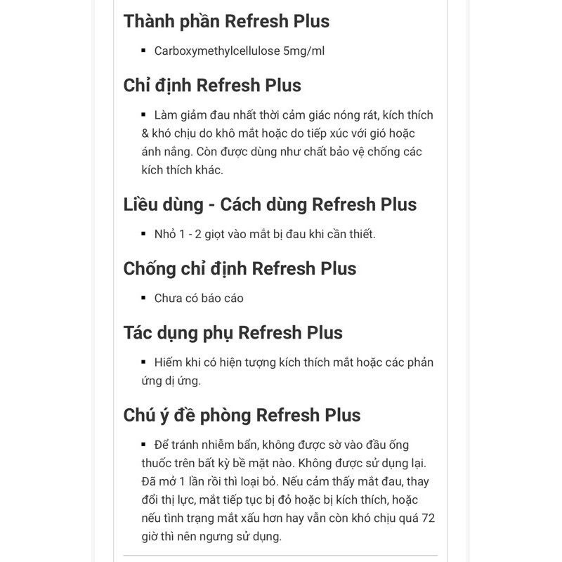 Nước nhỏ mắt, nước mắt nhân tạo Refresh Plus Lubricant Eye Drops