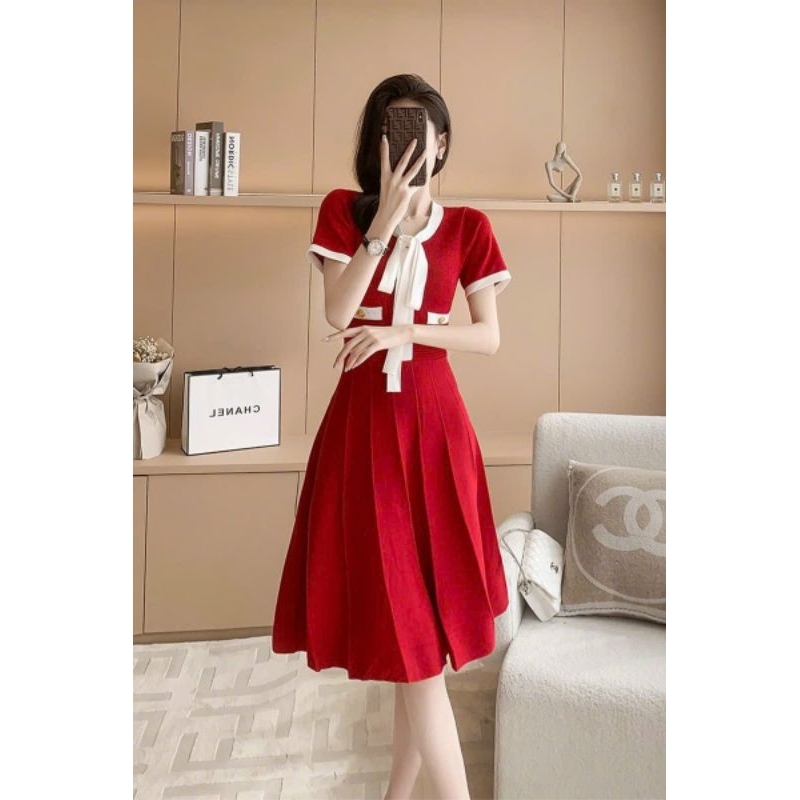 Hàng nhập - Đầm dáng xòe len dập li viền trắng nơ cổ, váy Quảng Châu thu đông tay ngắn cute