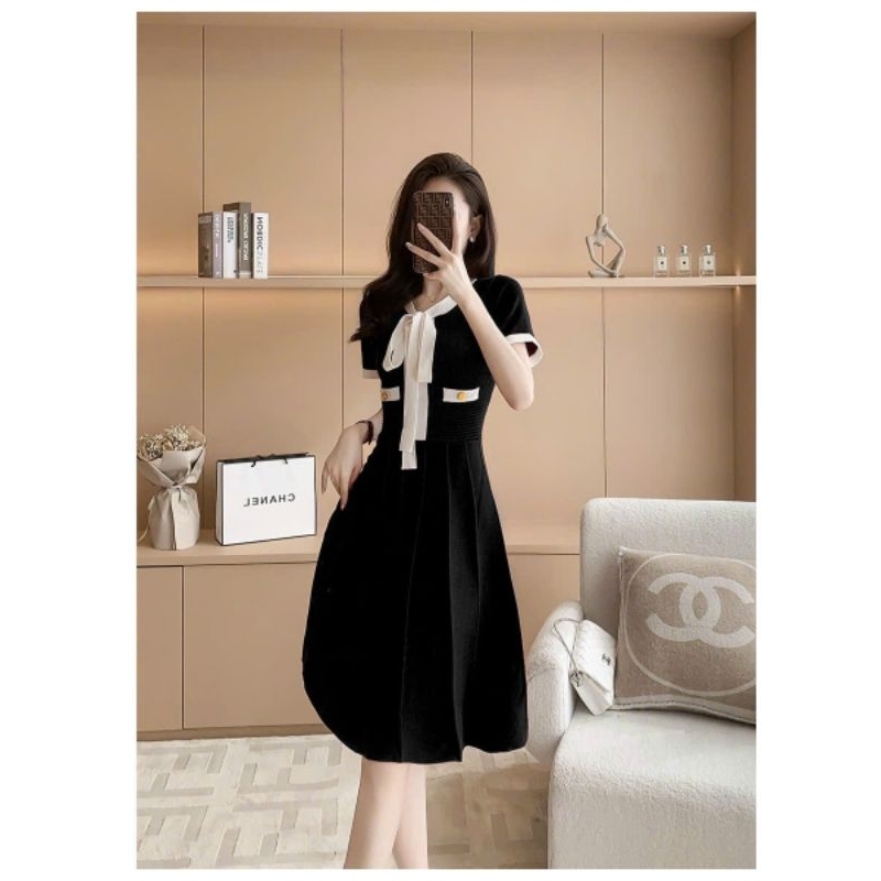 Hàng nhập - Đầm dáng xòe len dập li viền trắng nơ cổ, váy Quảng Châu thu đông tay ngắn cute