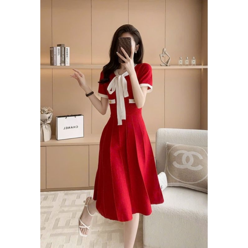 Hàng nhập - Đầm dáng xòe len dập li viền trắng nơ cổ, váy Quảng Châu thu đông tay ngắn cute