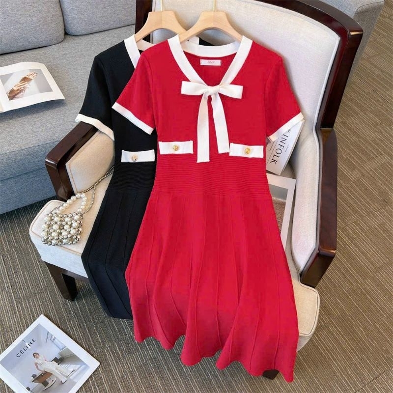 Hàng nhập - Đầm dáng xòe len dập li viền trắng nơ cổ, váy Quảng Châu thu đông tay ngắn cute