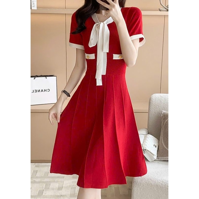 Hàng nhập - Đầm dáng xòe len dập li viền trắng nơ cổ, váy Quảng Châu thu đông tay ngắn cute