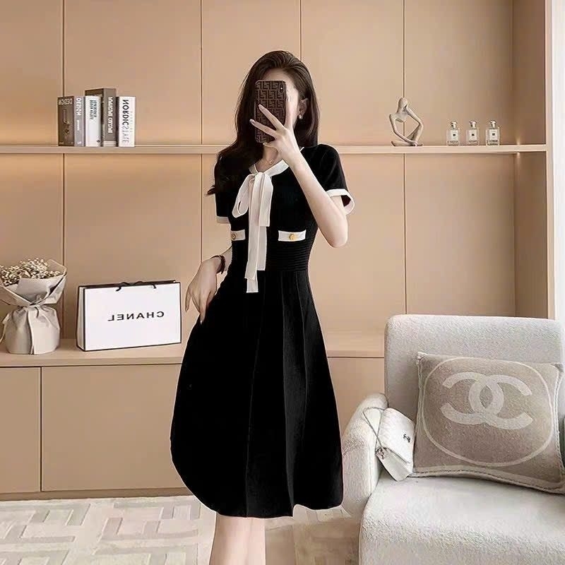 Hàng nhập - Đầm dáng xòe len dập li viền trắng nơ cổ, váy Quảng Châu thu đông tay ngắn cute