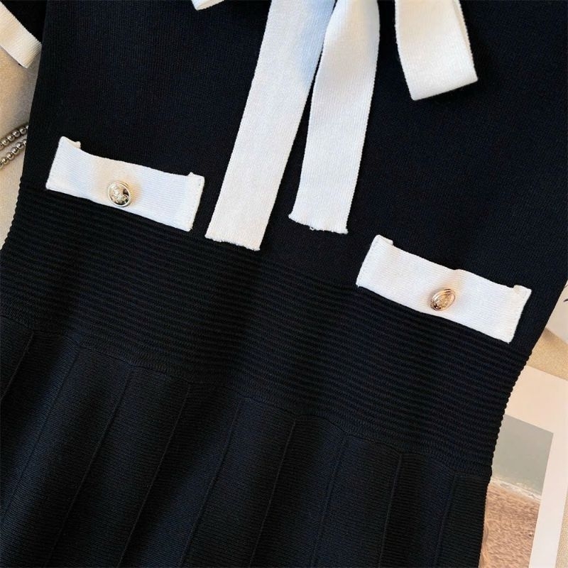 Hàng nhập - Đầm dáng xòe len dập li viền trắng nơ cổ, váy Quảng Châu thu đông tay ngắn cute