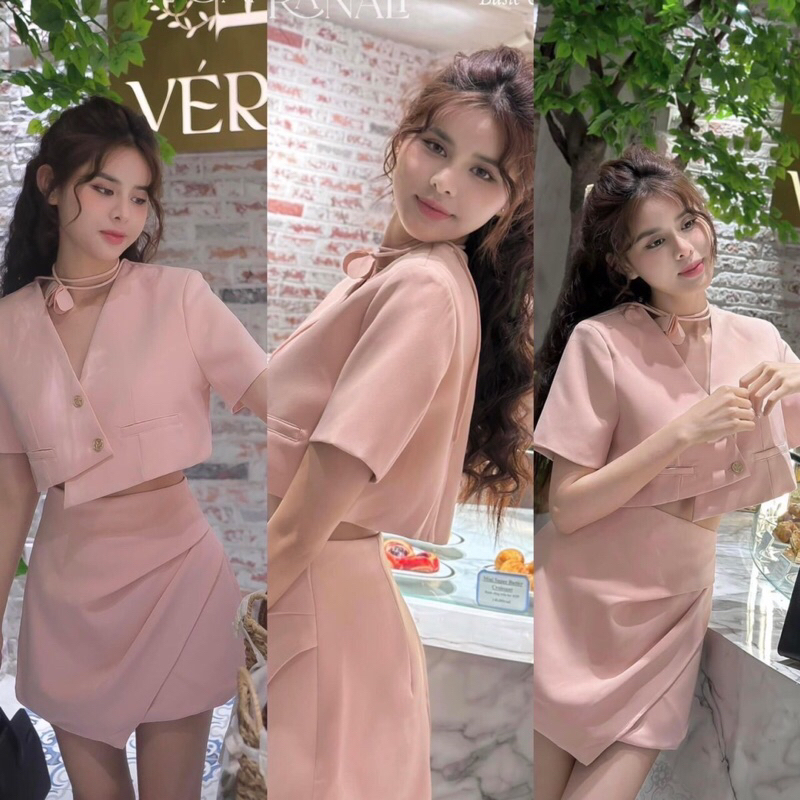 SET VEST PHỐI NÚT + CHÂN VÁY 3 MÀU TRẮNG - ĐEN - HỒNG