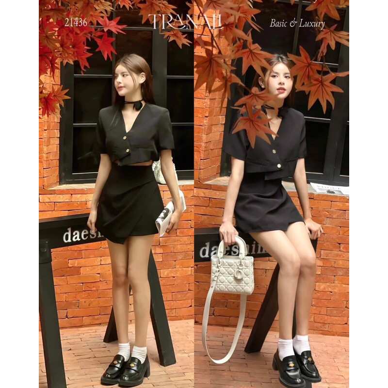 SET VEST PHỐI NÚT + CHÂN VÁY 3 MÀU TRẮNG - ĐEN - HỒNG