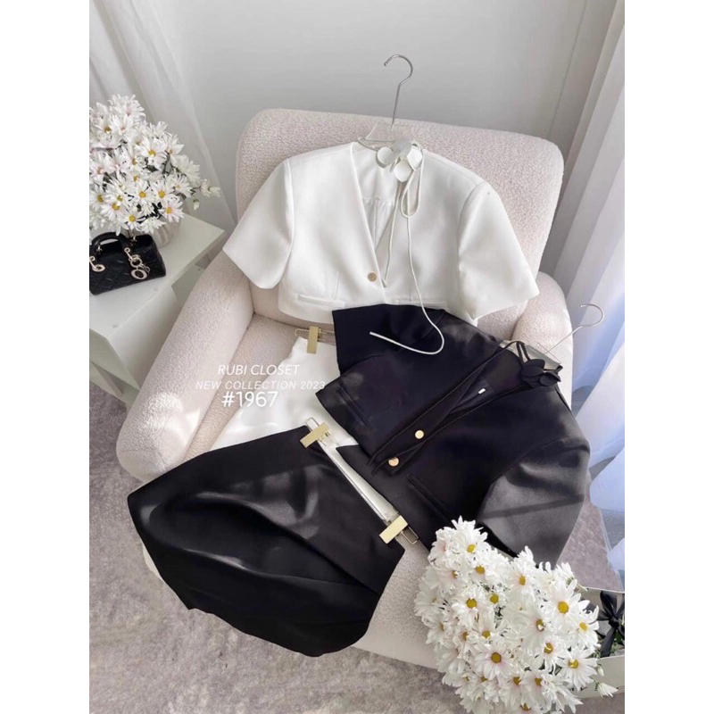 SET VEST PHỐI NÚT + CHÂN VÁY 3 MÀU TRẮNG - ĐEN - HỒNG