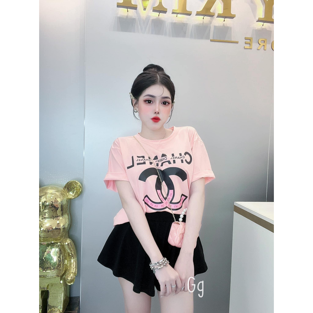 Sét bộ áo thun tay lỡ form rộng in logo chà nèo trước phối quần đùi xòe trơn cực sang và xinh