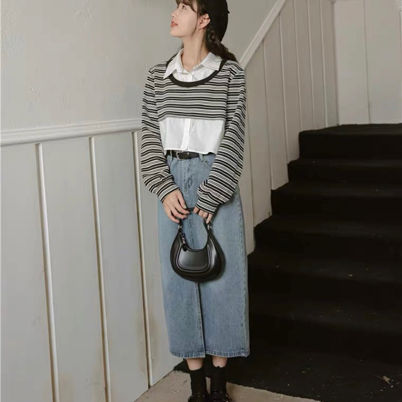 Áo babydoll tay dài phối sơ mi trẻ trung năng động qc