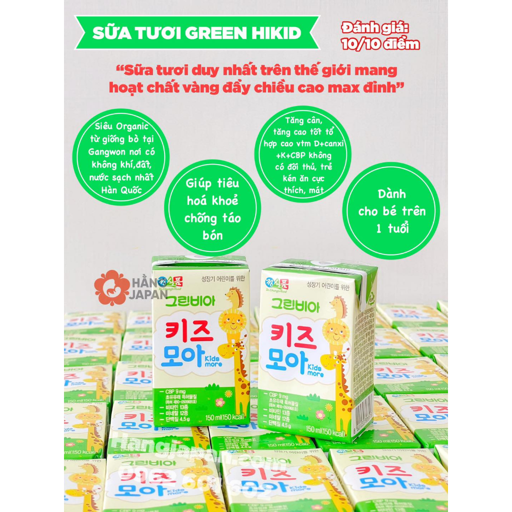 Sữa Tươi Greenbia Hi-kids Hàn Quốc Hộp 150ml tăng cân tăng cao cho bé từ 1 tuổi trở lên