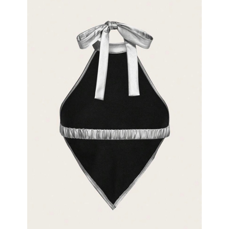 Áo yếm croptop hở lưng DA PU màu bạc/đen có logo hottrend sexy dáng ôm thời trang cho nữ style Y2K 🩶🖤