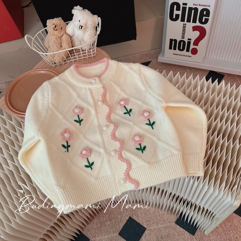 Áo Khoác Len Cadigan Thêu Hoa Tiểu Thư Cho Bé Gái
