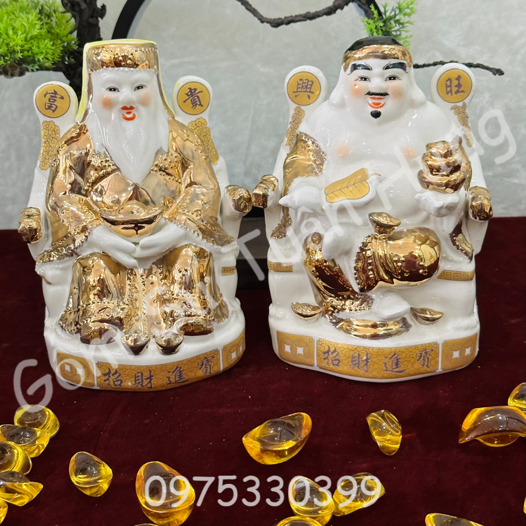 Cặp tượng thần tài thổ địa, thần tiền sứ màu vàng kim, hàng nhập khẩu 25cm