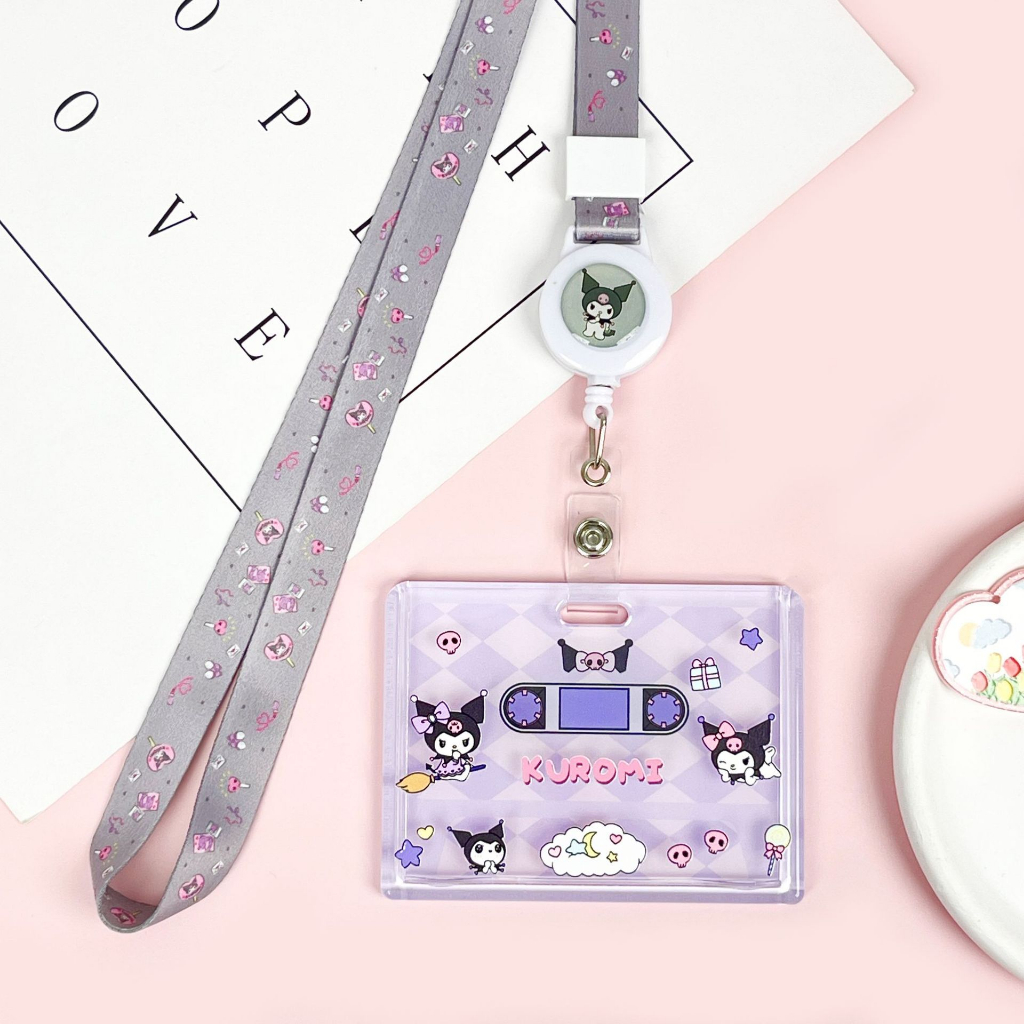 Bao đựng thẻ ngang học sinh, sinh viên, thẻ xe buýt trong suốt kèm móc khóa có họa tiết dễ thương Kuromi, Pochacco