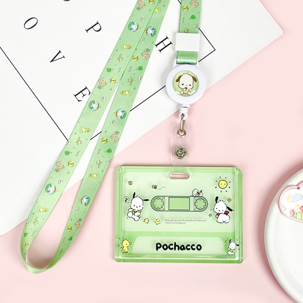 Bao đựng thẻ ngang học sinh, sinh viên, thẻ xe buýt trong suốt kèm móc khóa có họa tiết dễ thương Kuromi, Pochacco