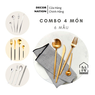Bộ Muỗng Nĩa Dao Inox Đũa Thìa Cafe Combo 4 Món Muỗng Vàng Bóng Cao Cấp