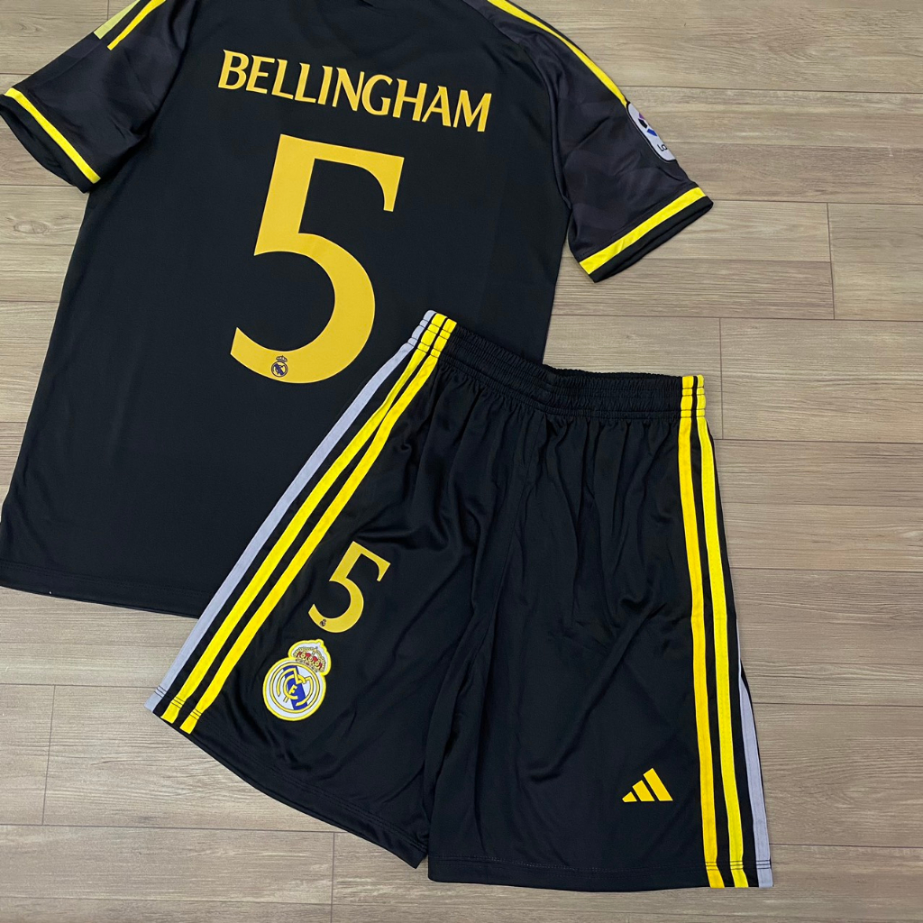 Bộ quần áo bóng đá Real đen sân khách ND-2024 in tên BELLINGHAM - số 5