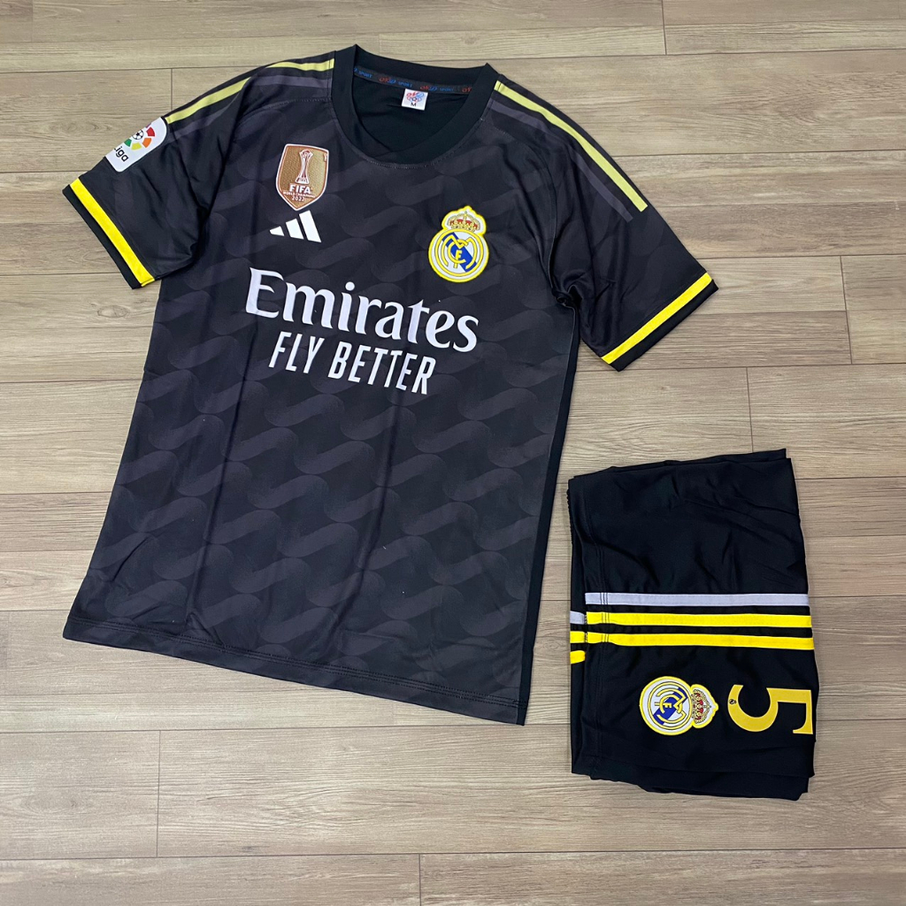 Bộ quần áo bóng đá Real đen sân khách ND-2024 in tên BELLINGHAM - số 5