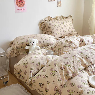 Bộ chăn ga gối cotton đũi sơ đậu nành phiên bản bèo ren