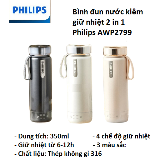 Bình đun nước kiêm giữ nhiệt cầm tay  2 trong 1 cao cấp Philips AWP2799