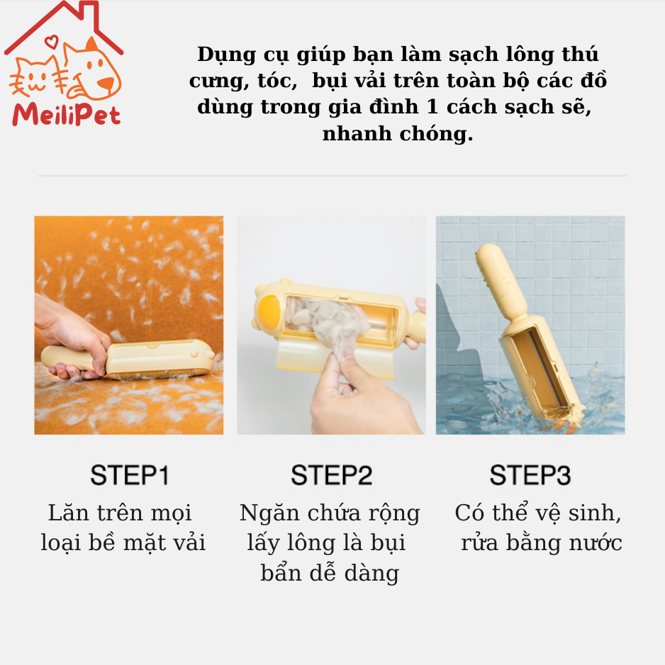 Cây lăn lông chó mèo tĩnh điện đa năng cao cấp meilipet - Bàn chải lưỡi silicon hai chiều hút sạch hiệu quả