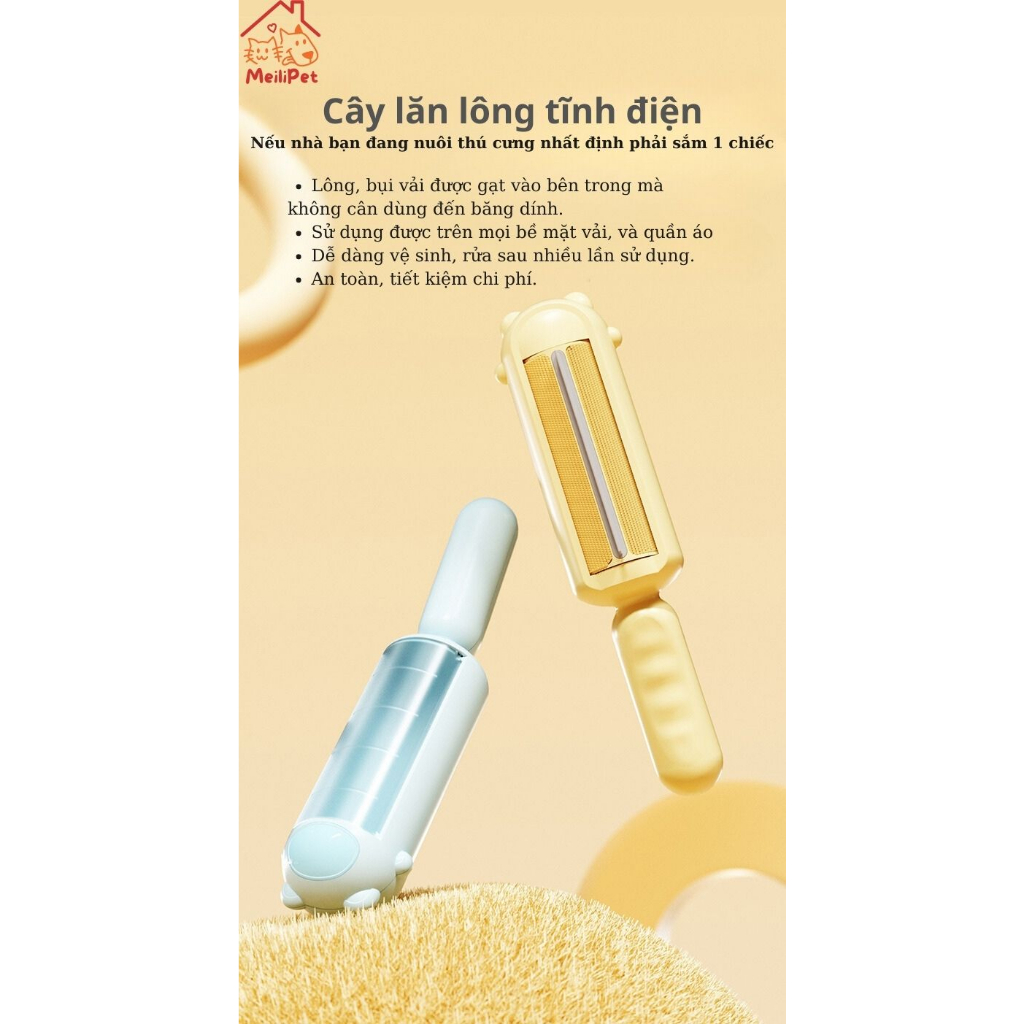 Cây lăn lông chó mèo tĩnh điện đa năng cao cấp meilipet - Bàn chải lưỡi silicon hai chiều hút sạch hiệu quả