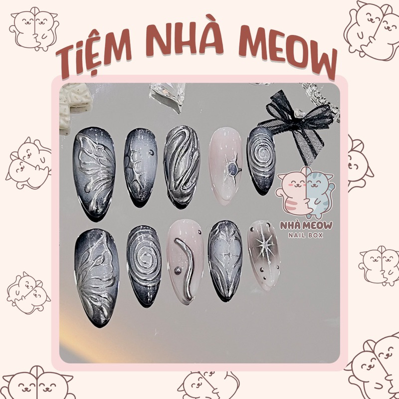 Nail Box thiết kế - Tiệm Nhà Meow Ombre Lòng Đào Vẽ Cánh Bạc - T295