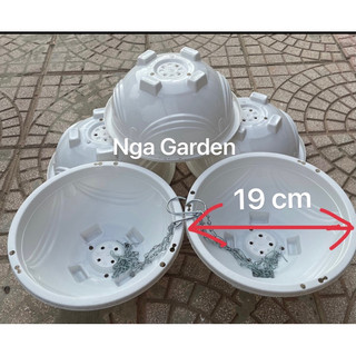 5 chậu nhựa trắng chảo treo hoa đk miệng 19 cm có kèm móc xích treo