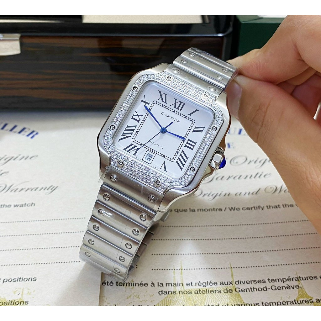 Đồng Hồ Nam @CATIER Santos Sapphire CTA25 Mặt TRẮNG Viền đá Máy Cơ Automatic Nhật