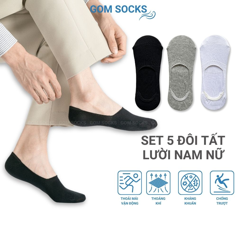 Combo 5 đôi tất lười nam GOMSOCKS chất vải cotton cao cấp thoáng mát, có đệm cao su chống tụt gót chân TAT-LUOI-02-CB5