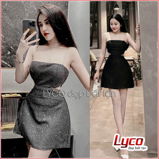 Đầm nhũ bling bling hai dây xích khoét eo cut-out duyên dáng váy body dáng A 2 lớp