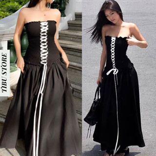  Đầm Ống Cúp Ngực Dây Đan TIBU Đầm Maxi Đen Nhún Eo Dáng Dài Sang Chảnh Gợi Cảm Quyến Rũ 