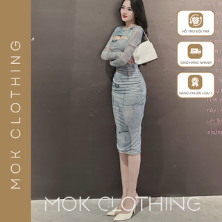 Đầm váy nữ body khoét ngực tay dài form dài ôm body nhún eo chất liệu voan phối hoạ tiết siêu sang chảnh - Lx172